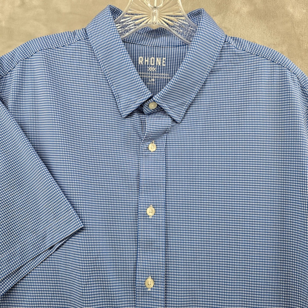 Rhone Button Down Shirt Mens L Blue Gingham Short Sleeve Performance Stretch
